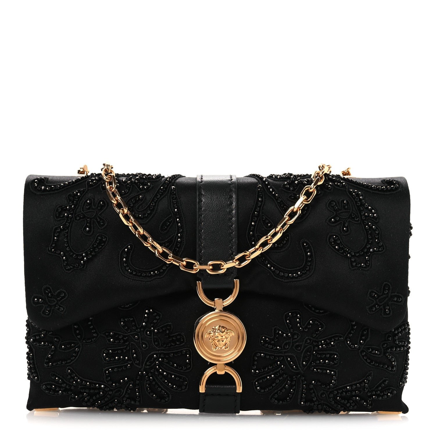 Versace Satin Crystal Mini Kleio Crossbody Bag Black