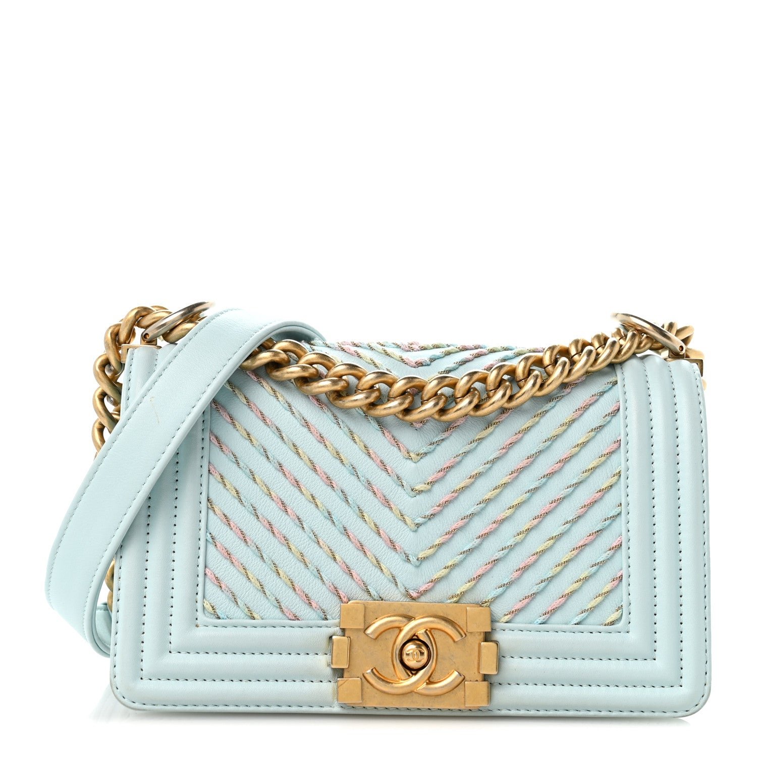 Chanel Calfskin Chevron Embroidered Small Boy By The Sea Flap Light Blue