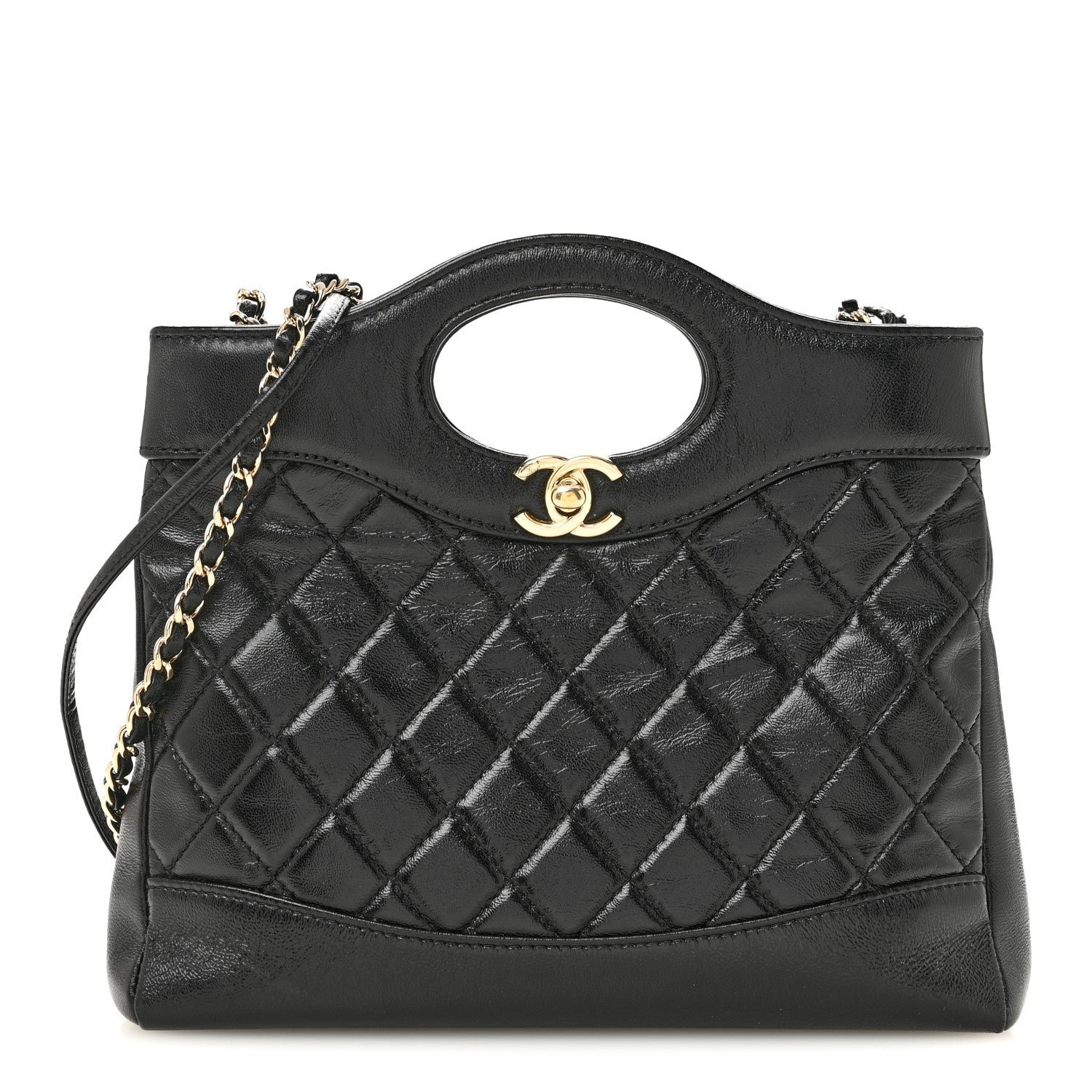 Chanel Shiny Crumpled Calfskin Quilted Mini 31 Shopping Bag Black