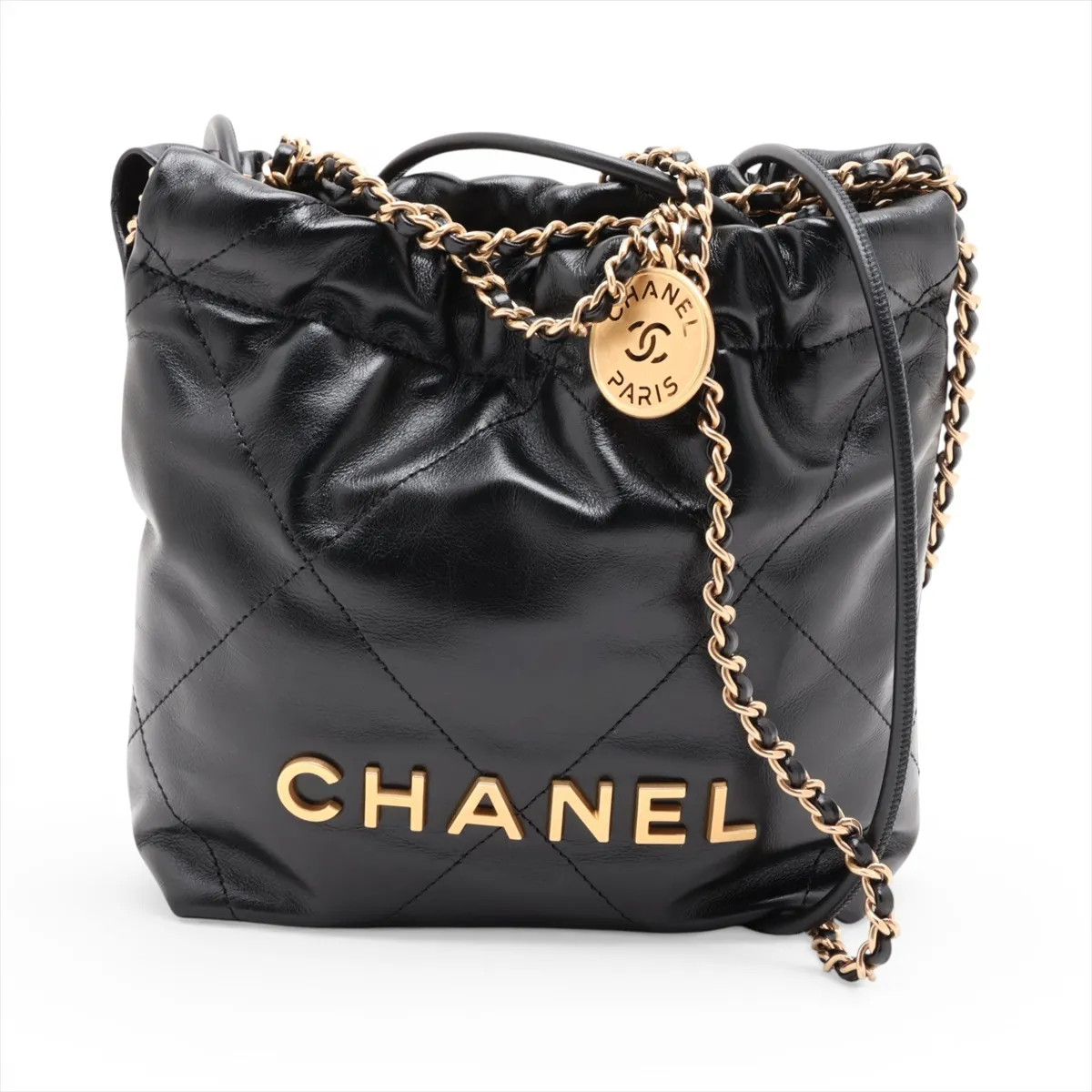Chanel Chanel 22 mini shiny calfskin Shoulder bag Black Gold Metal Fittings rand