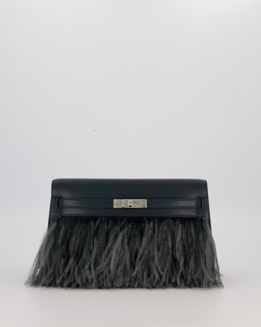 Hermes *VERY RARE* Hermès Kelly Elan Folie Bag in Vert Cypress Chevrè Chamkila Leather with Vert Mangrove Ostrich Plumes and Palladium Hardware