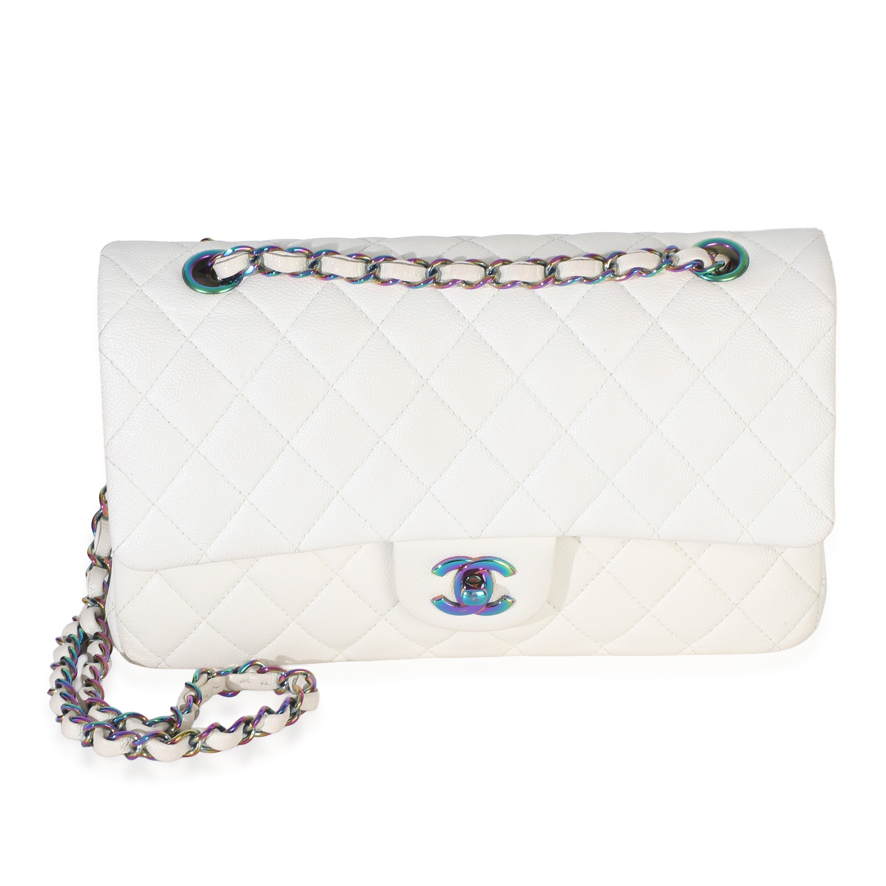 White Quilted Caviar Rainbow Medium Classic Double Flap Bag