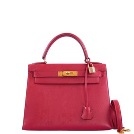 Hermes Hermès Kelly 28 Sellier Rouge Vif Ardenne with Gold Hardware