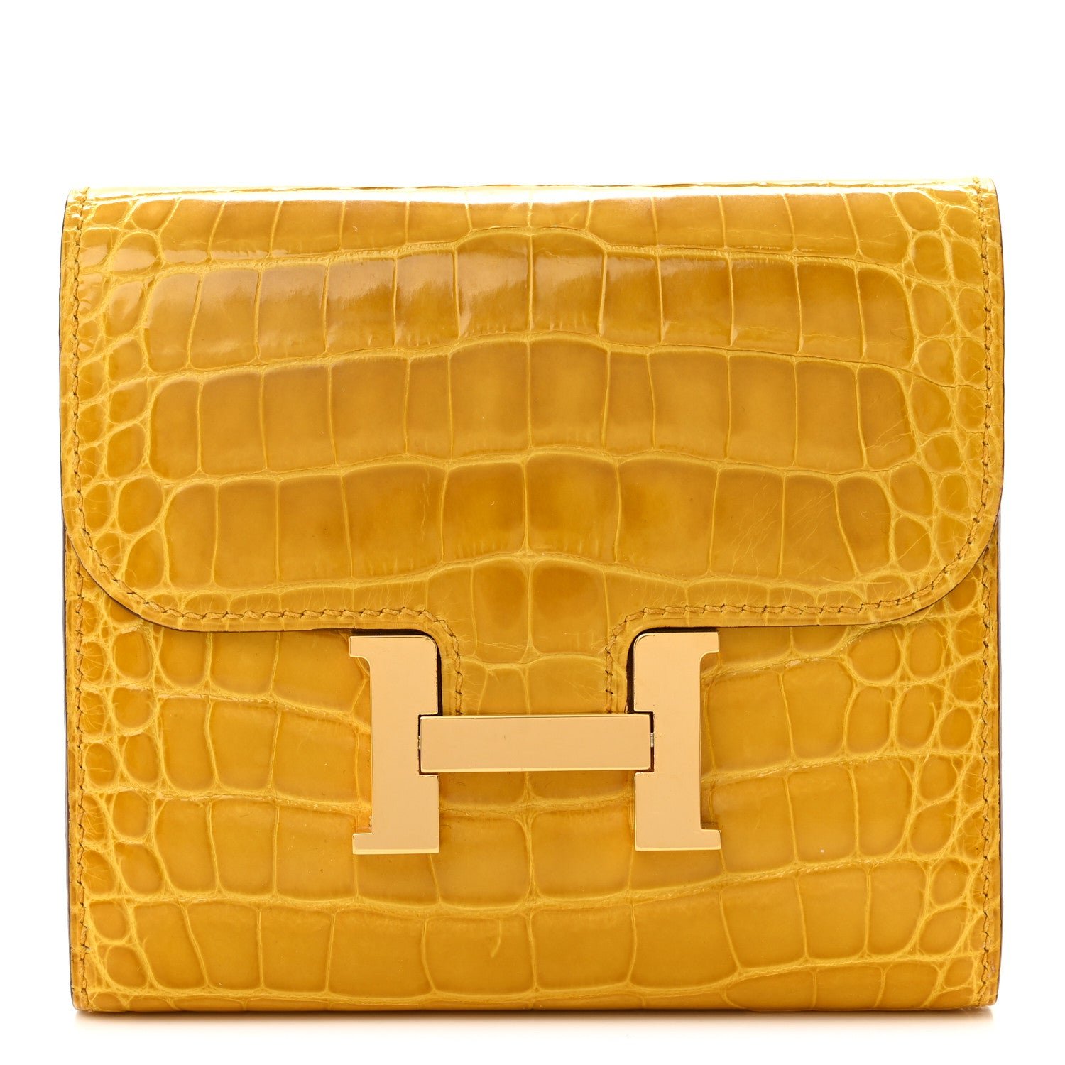 Hermes Shiny Alligator Constance Short Wallet Jaune Ambre