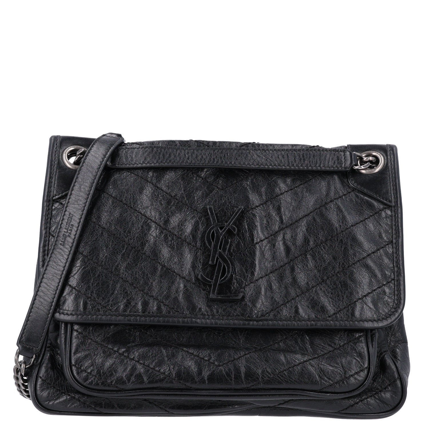Saint Laurent Crinkled Calfskin Matelasse Monogram Medium Niki Chain Satchel Storm