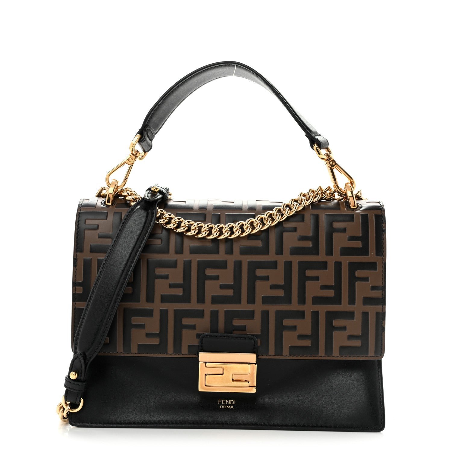Fendi Vitello Liberty Bi-Color FF 1974 Embossed Chain Strap Kan U Shoulder Bag Black Maya