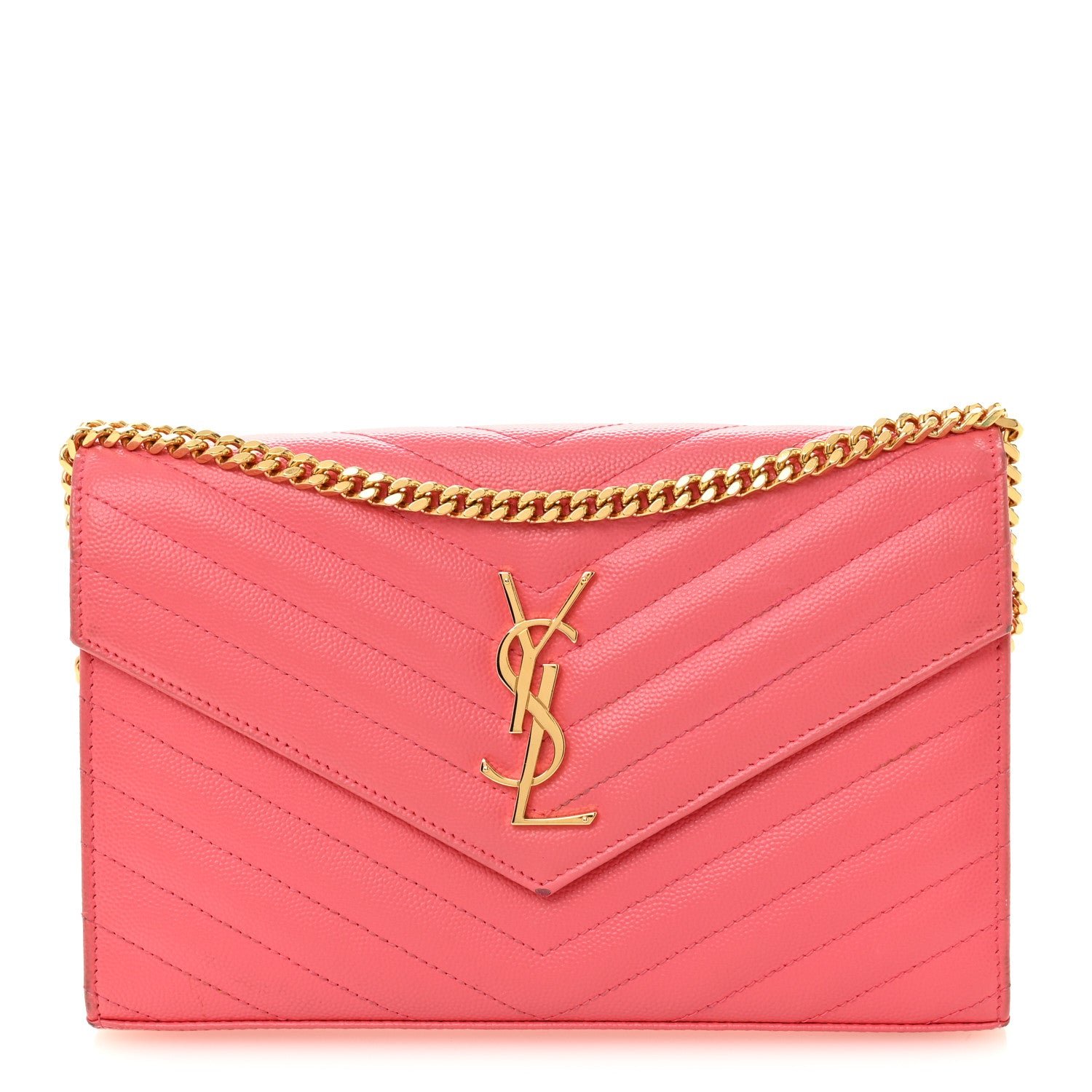 Saint Laurent Grain De Poudre Matelasse Chevron Monogram Chain Wallet Rose Clair