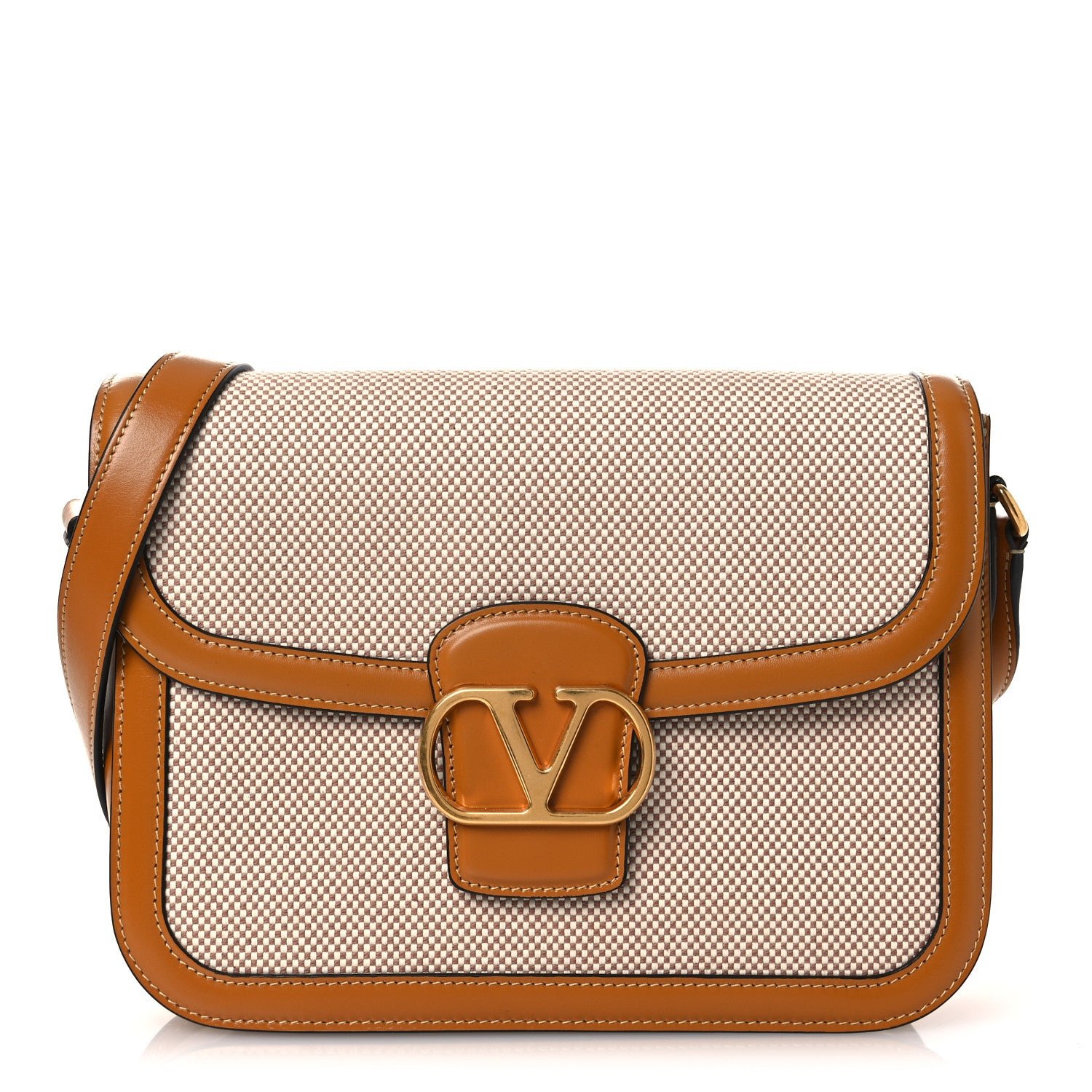 Valentino Garavani Smooth Calfskin Canvas 9to5 Shoulder Bag Natural Golden