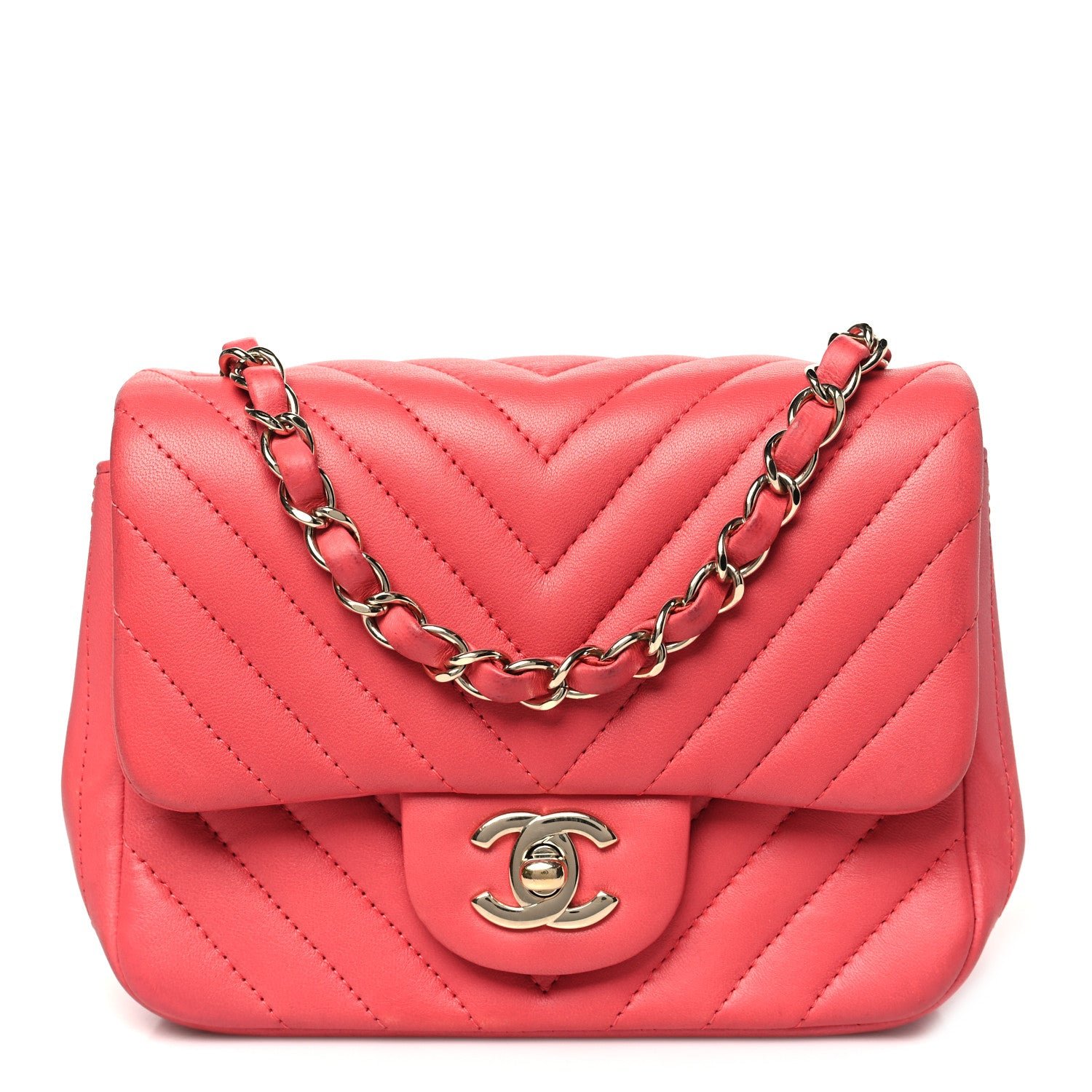 Chanel Lambskin Chevron Quilted Mini Square Flap Coral