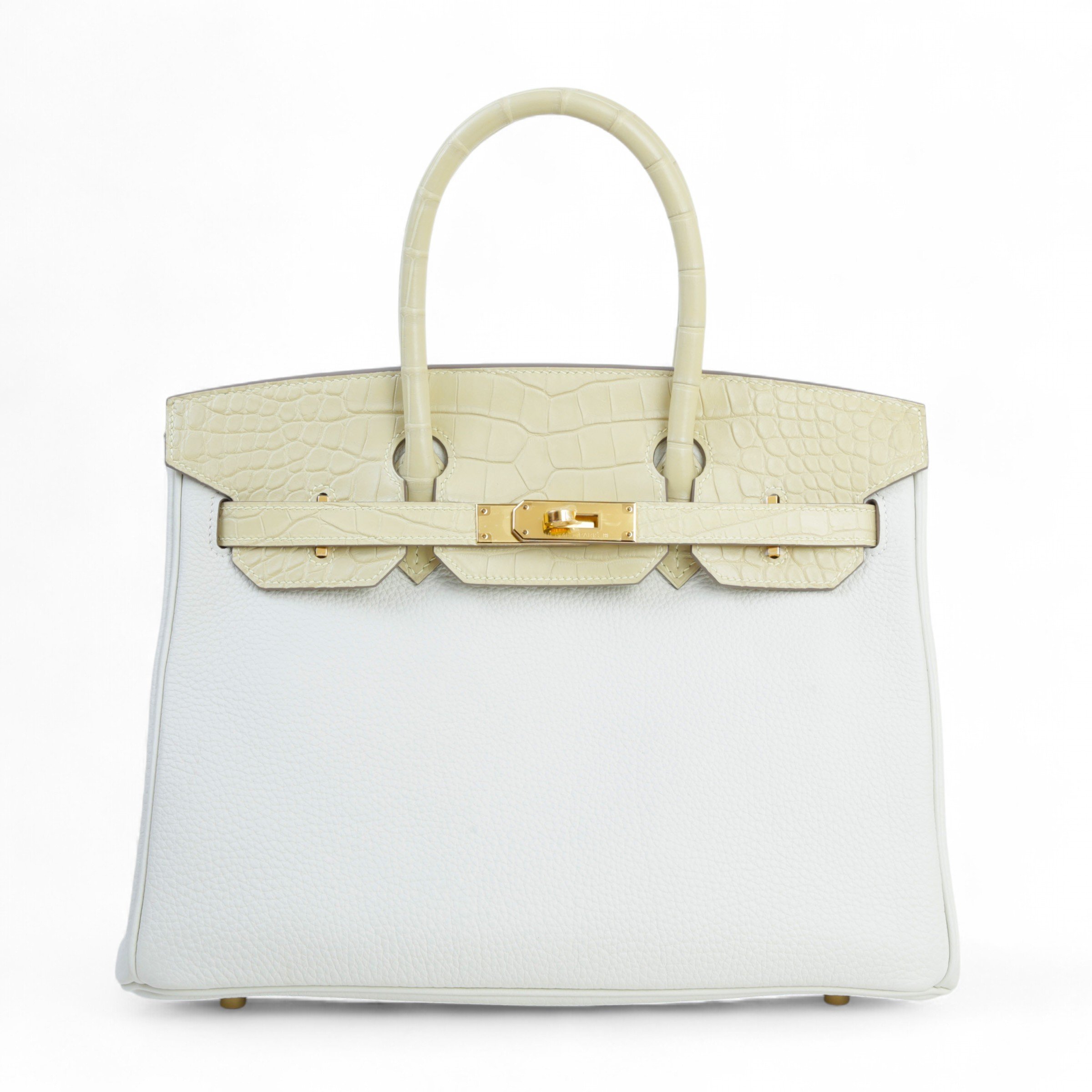 Very Good ( Rank A) HERMÈS Birkin 30 Touch Vanille (Y1) Mushroom (0T) Matte Alligator Togo Gold hardware B (2023)