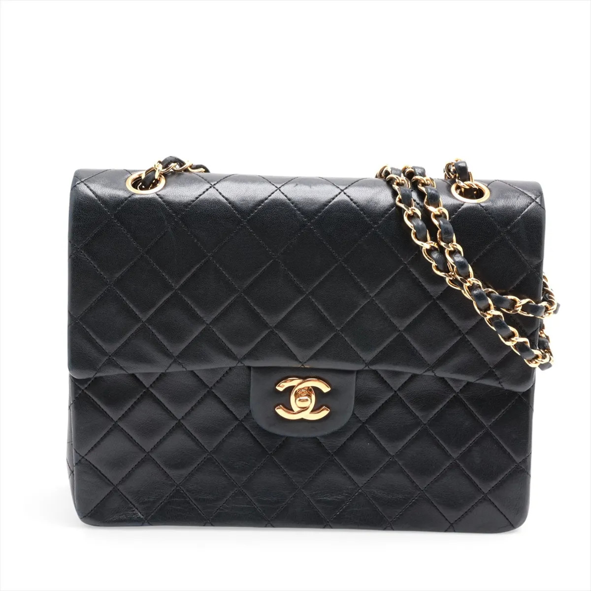 Chanel Matelasse Lambskin Double Flap Double Chain Bag Black Gold Metal Fittings