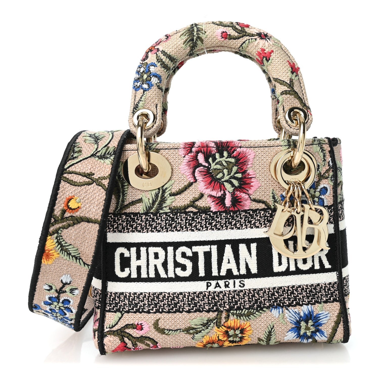 Christian Dior Canvas Petites Fleurs Embroidered Mini Lady D-Lite Rose Multicolor