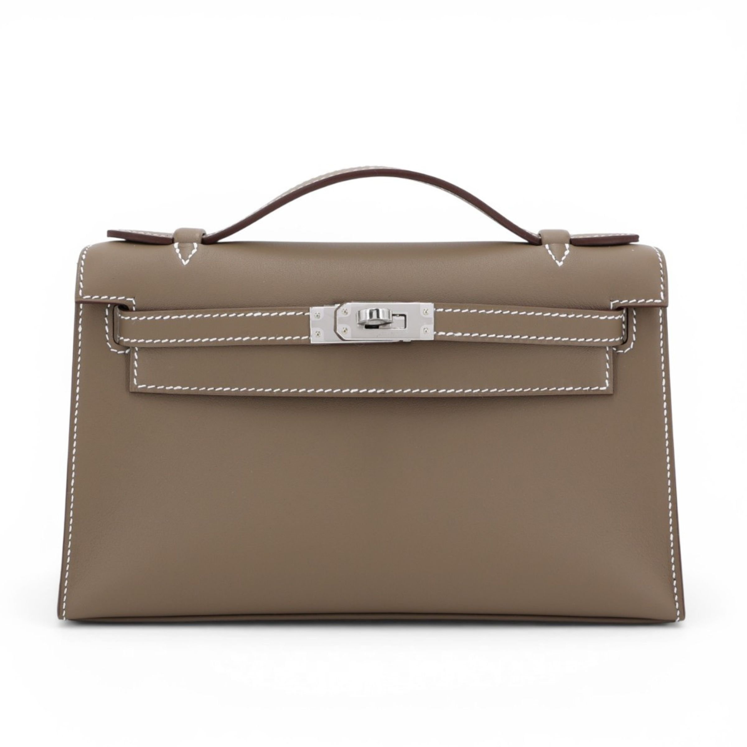 Brand New ( Rank N ) HERMÈS Kelly Pochette Etoupe (18) Swift Palladium hardware G (2026)
