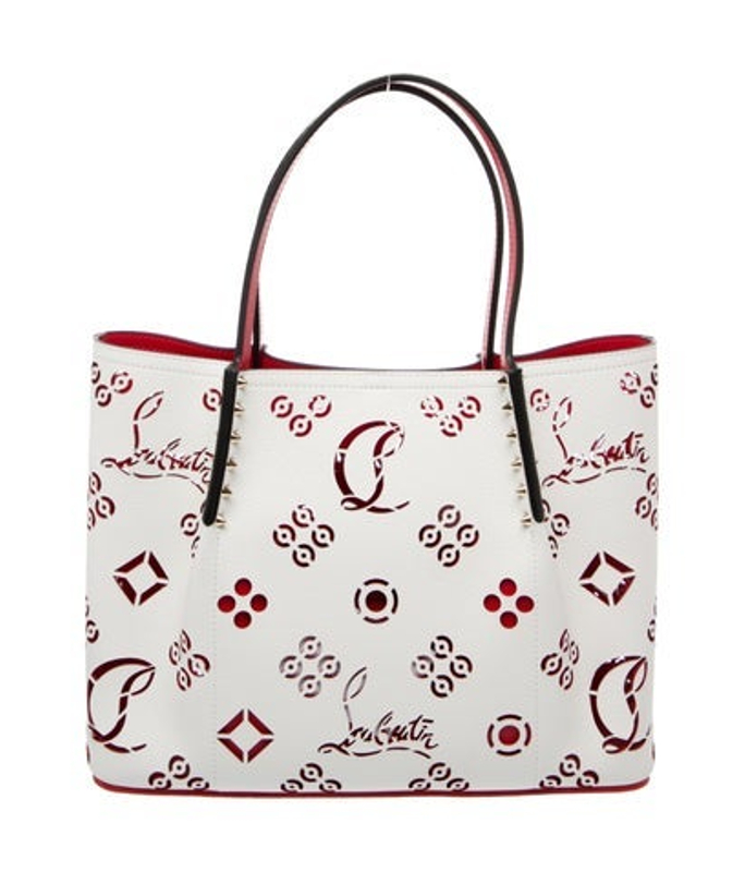 Christian Louboutin Louboutin Leather Calfskin Loubinthesky Small Perforated Cabarock Spikes Tote Snow