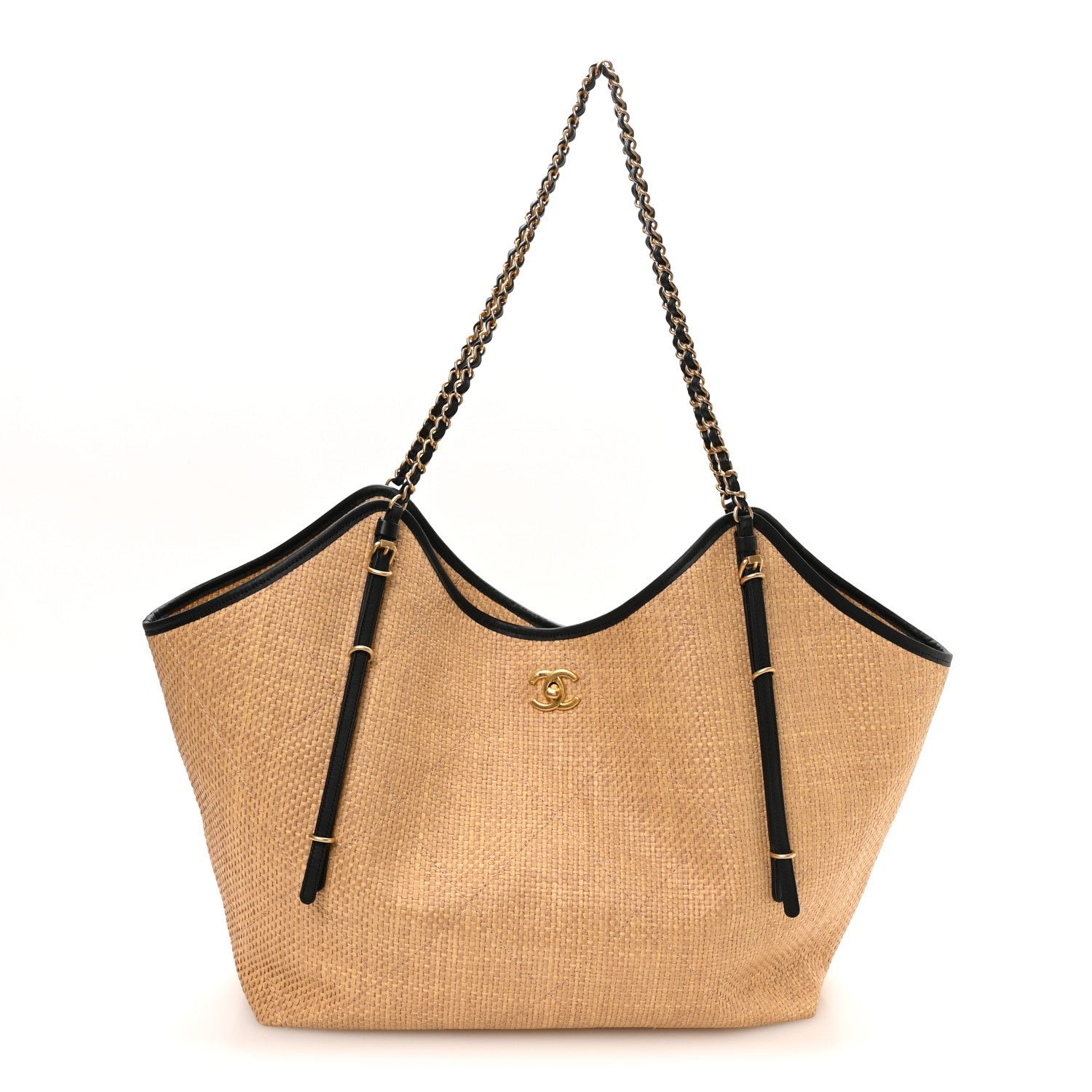 Chanel Braided Raffia Stitched Maxi Shopping Bag Dark Beige Black