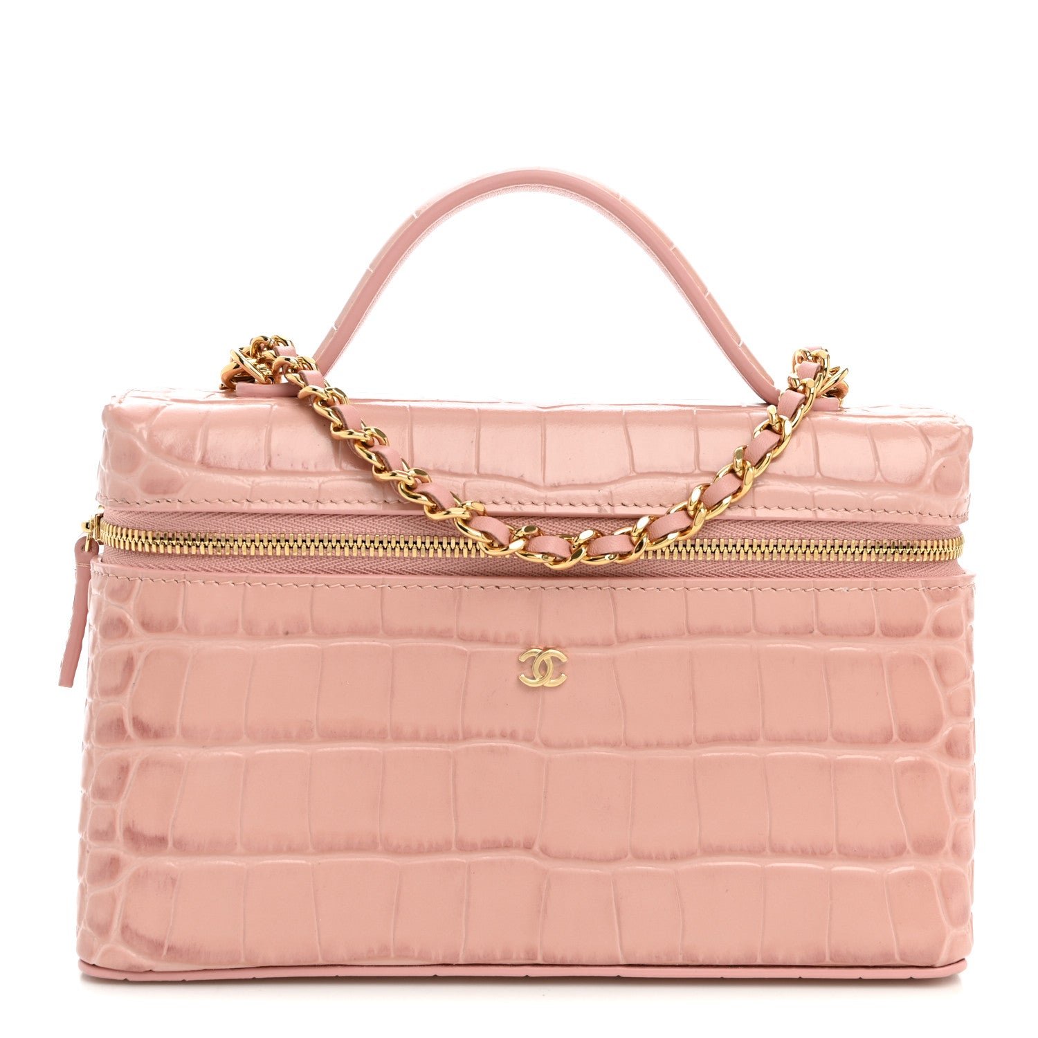 Chanel Calfskin Crocodile Embossed Crococo Exoticoco Vanity With Chain Light Pink