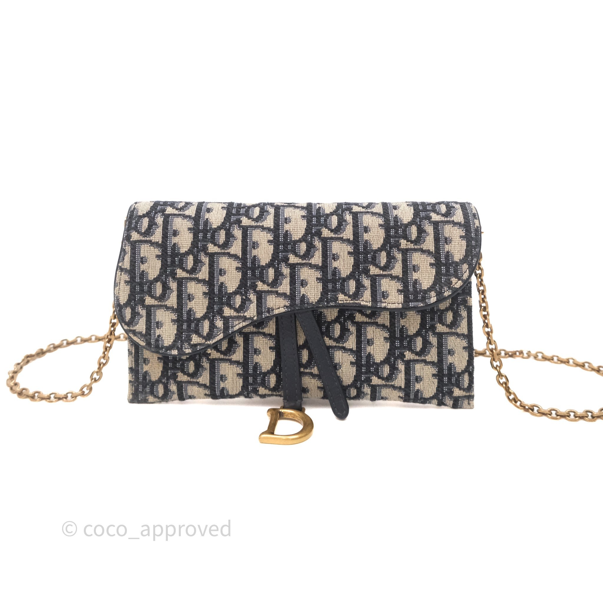 Christian Dior Saddle Pouch Wallet with Chain Blue Dior Oblique Jacquard