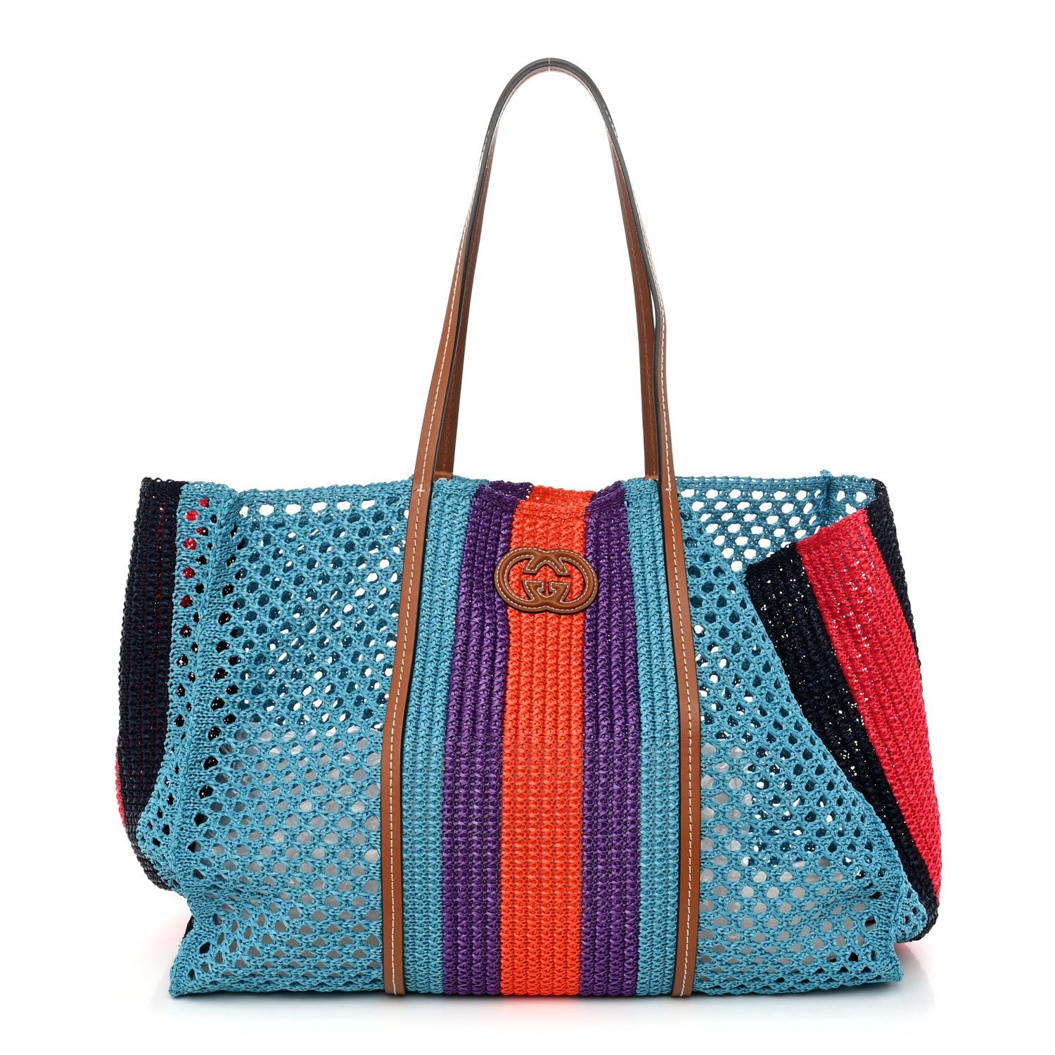 Gucci Raffia Web Woven Interlocking G Tote Blue Multicolor