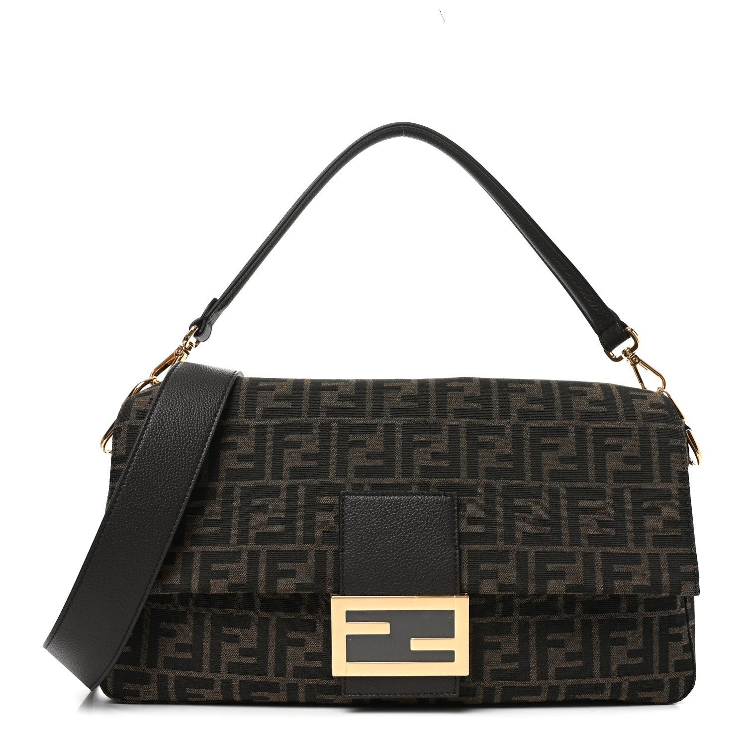 Fendi Fendi Fabric Jacquard FF 1974 Maxi Baguette Tobacco Moro Black