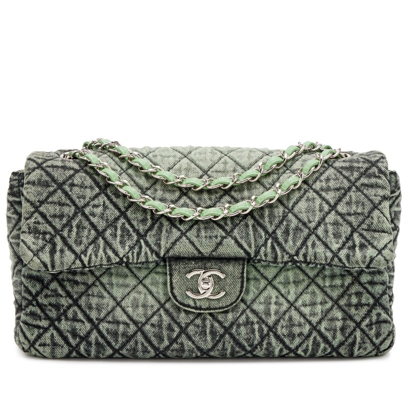 Green and Black Quilted Denim Denimpression Large Flap Bag Silver Hardware, 2020