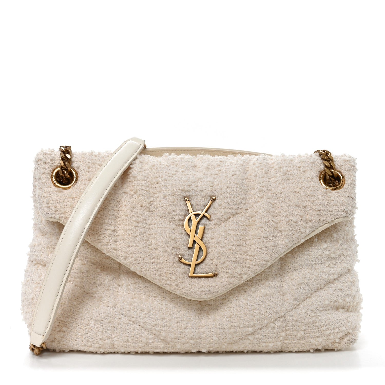 Saint Laurent Boucle Tweed Quilted Small Loulou Puffer Monogram Chain Satchel Crema Soft