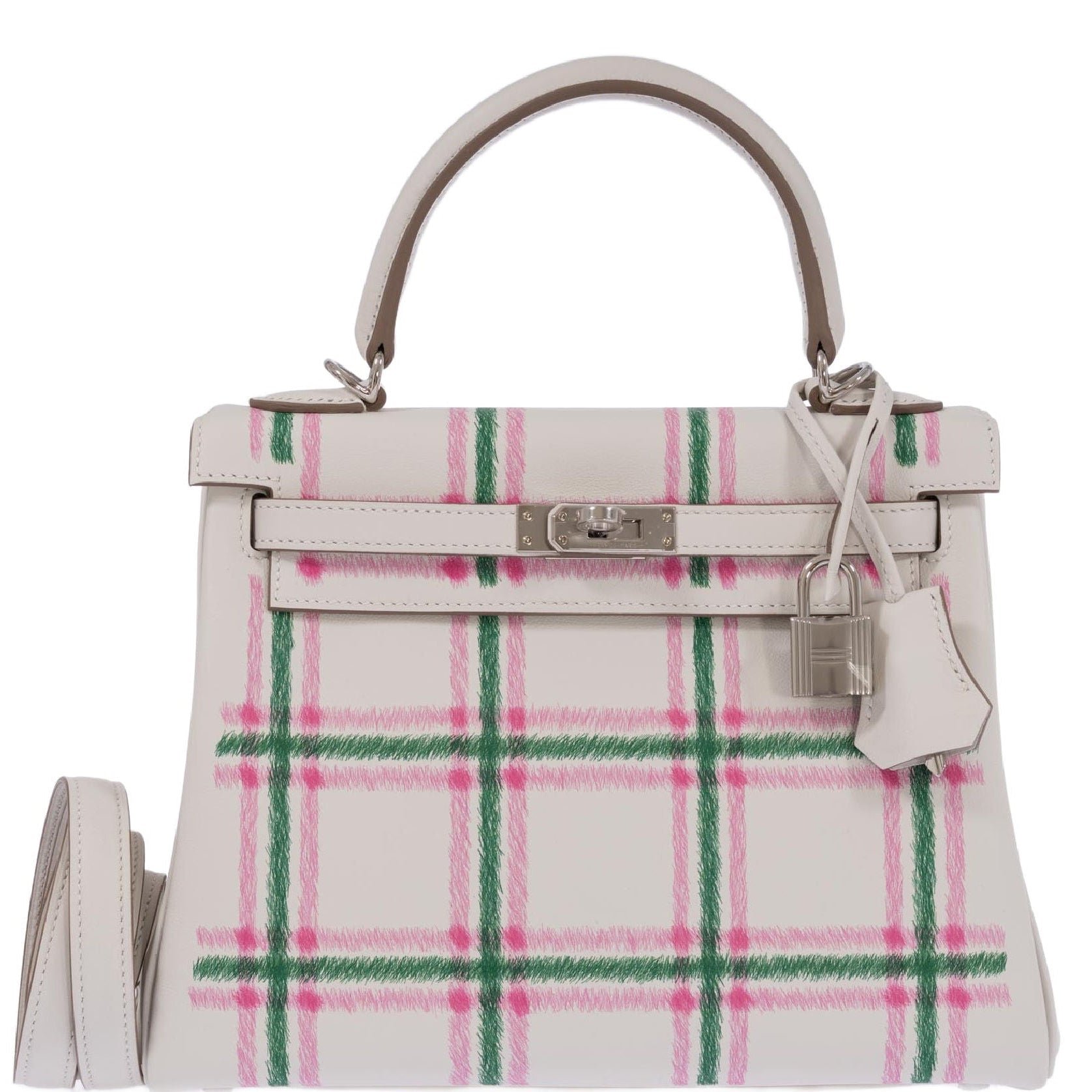 Hermes Hermès Kelly 25 Retourne Tartan Light Gris Pale Vert Moyen Bubblegum Swift Palladium Hardware