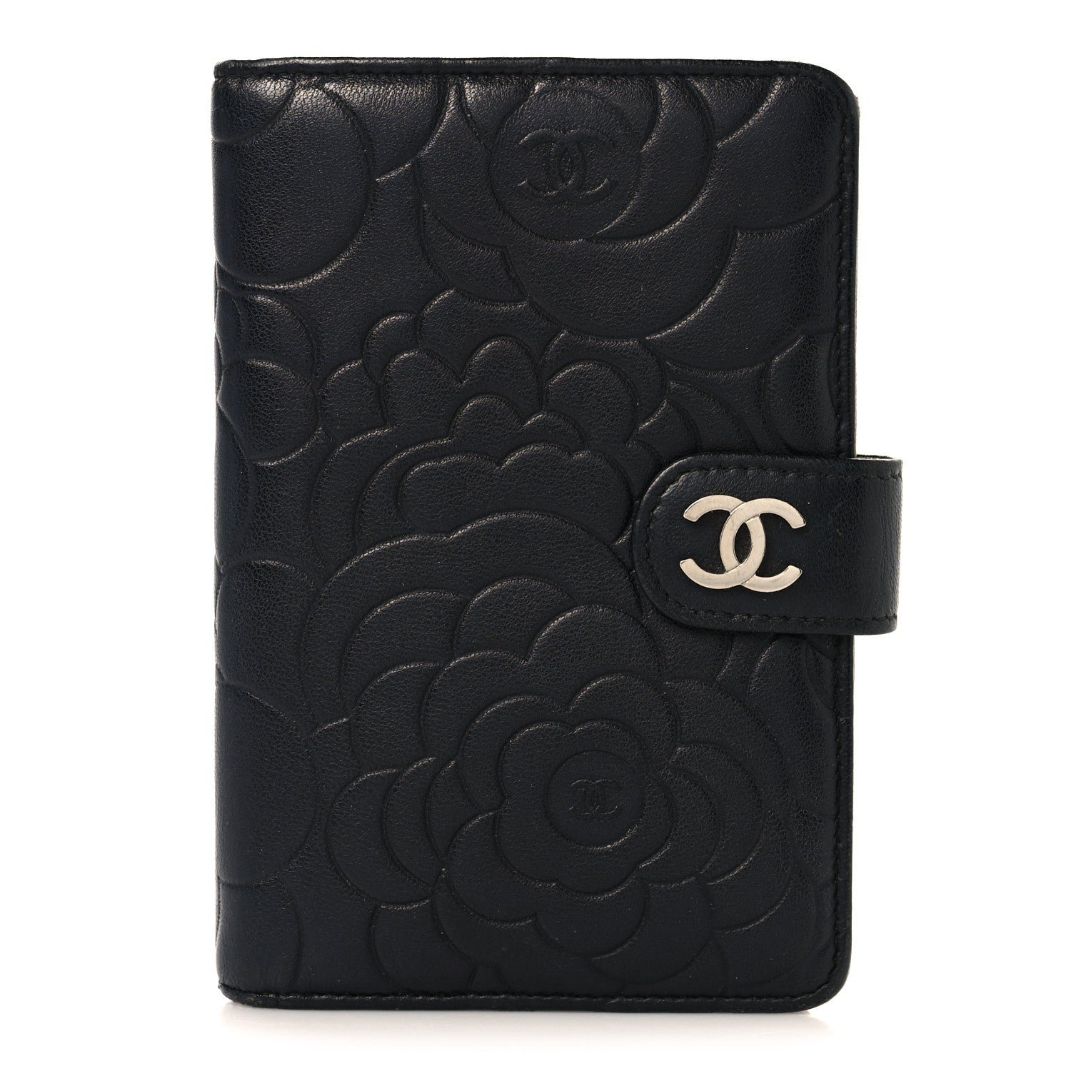 Chanel Lambskin Camellia Embossed Zipped Pocket Wallet Black