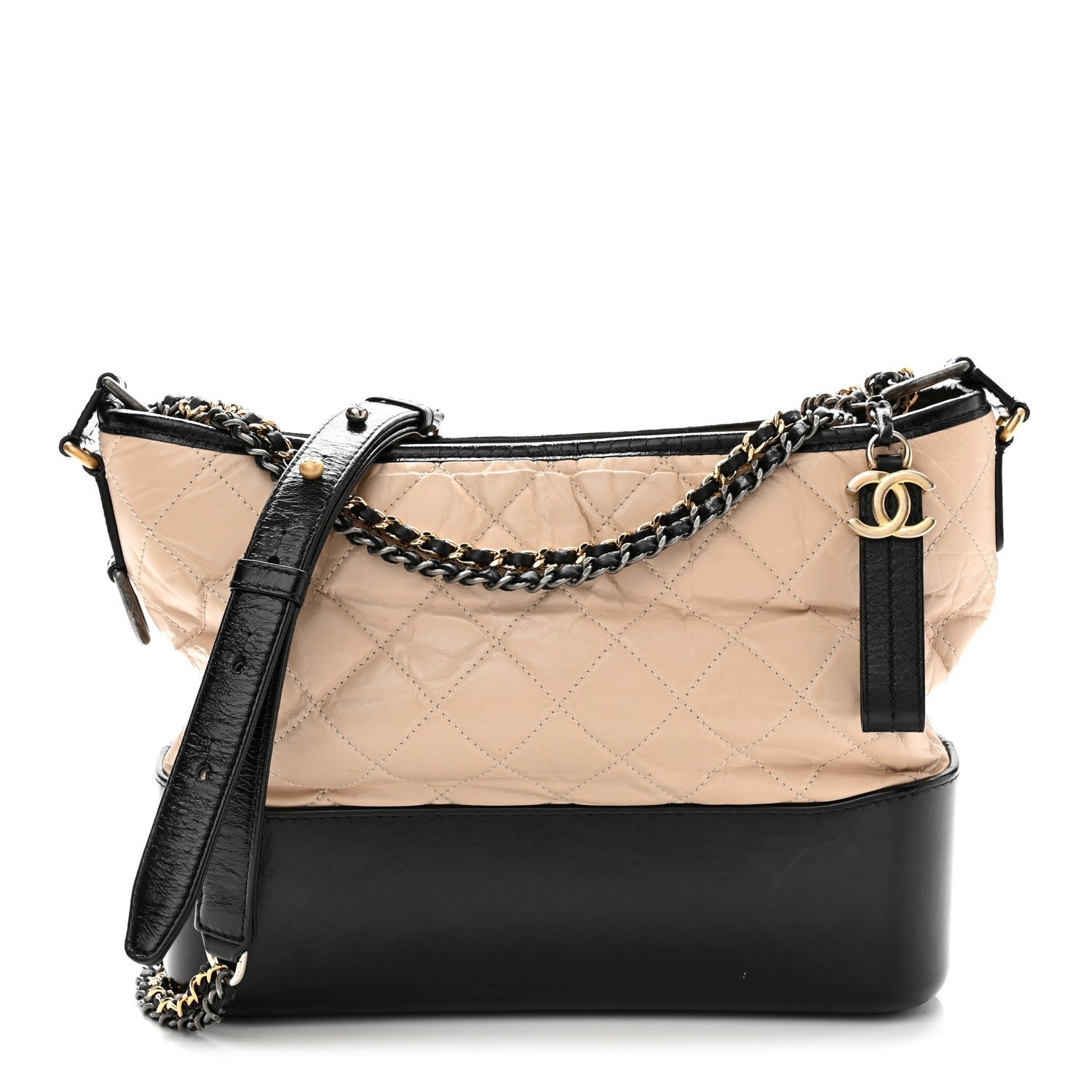 Chanel Aged Calfskin Quilted Medium Gabrielle Hobo Beige Black