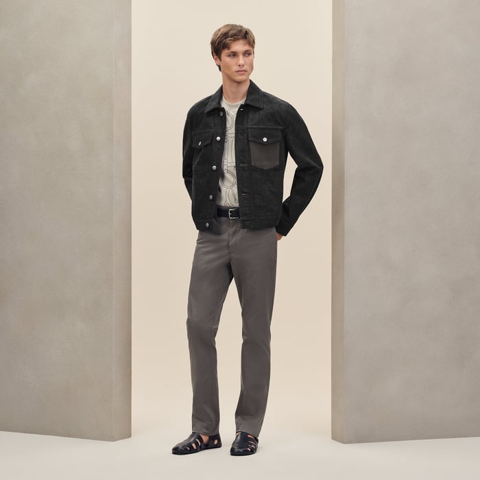 Noir Straight Cut Jacket With Leather Detail