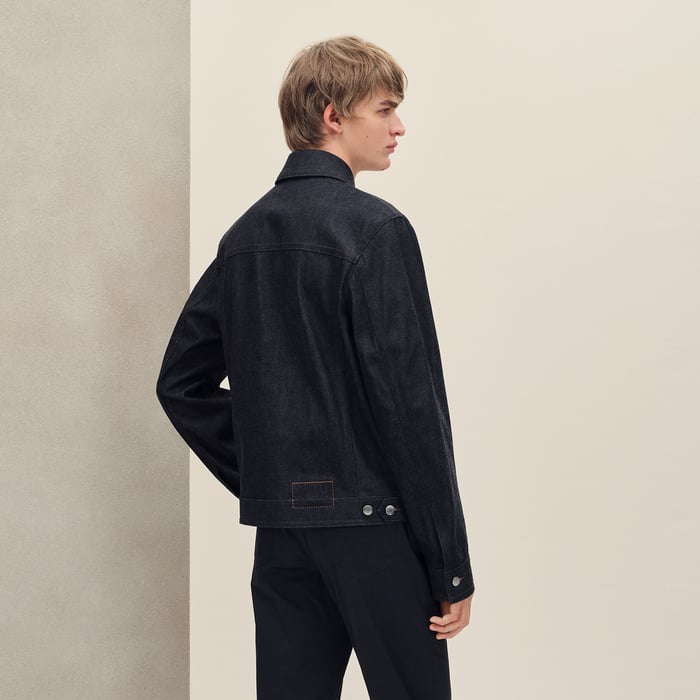 Indigo Straight Cut Jacket With Leather Detail