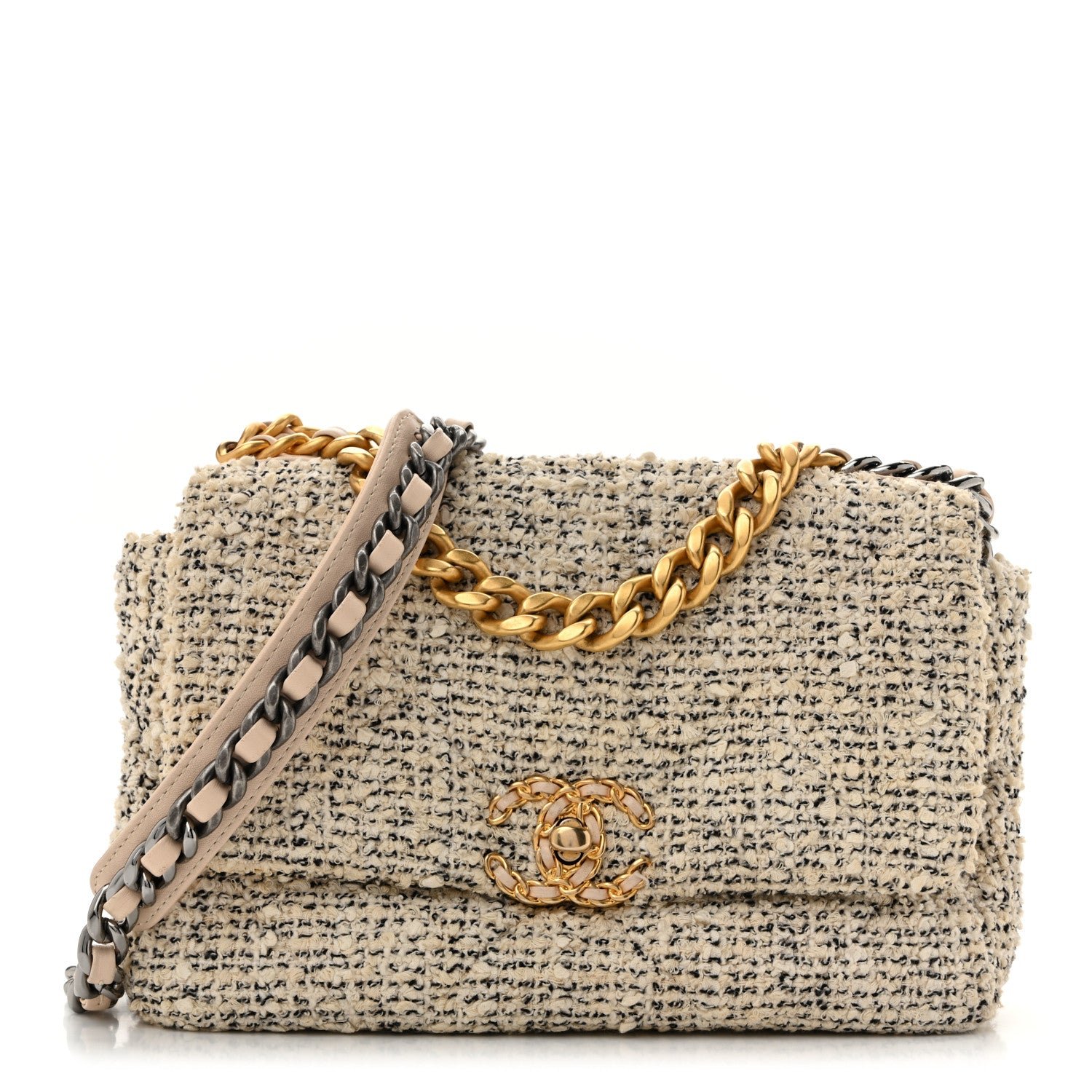 Chanel Tweed Quilted Medium Chanel 19 Flap Ecru Black