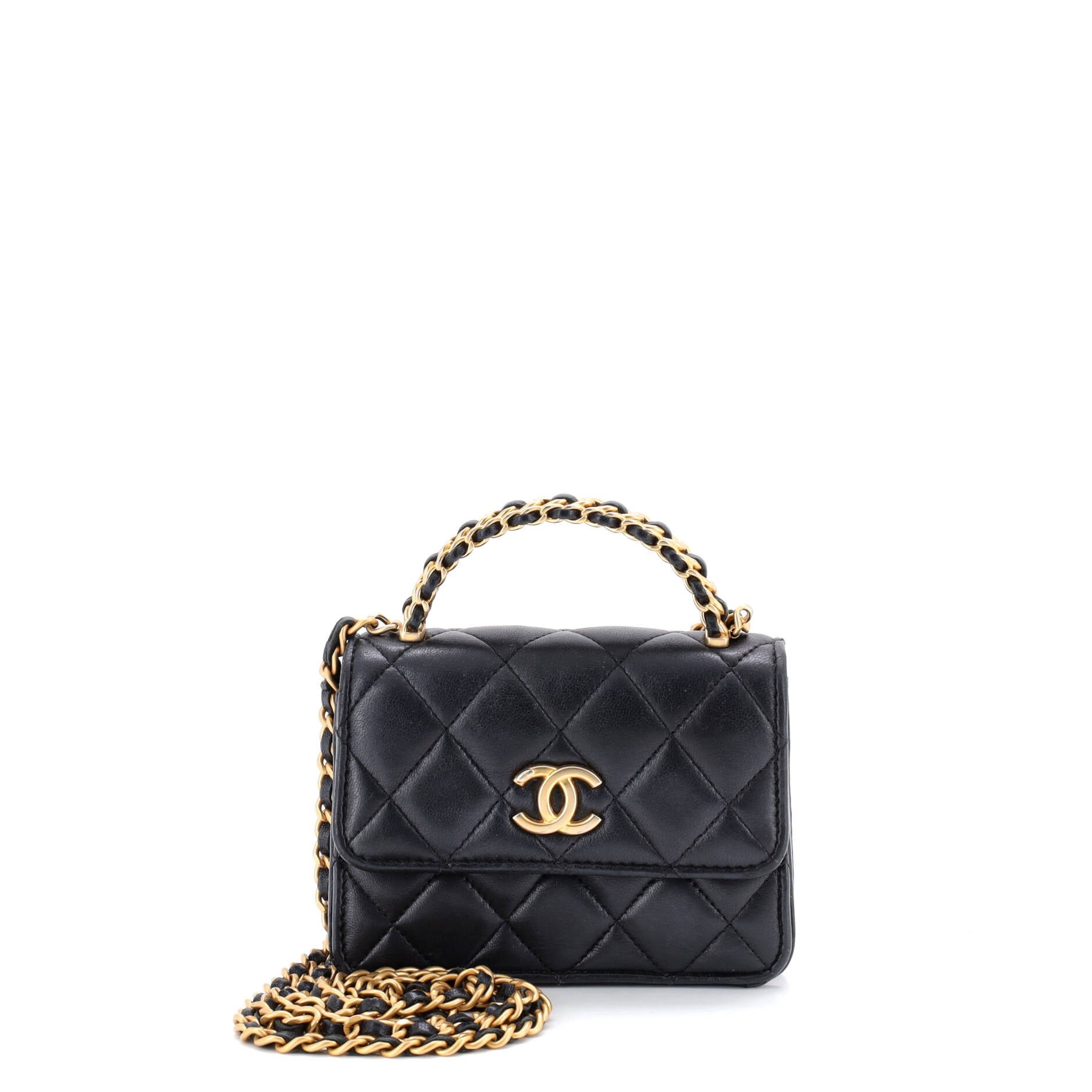 Chanel Woven Top Handle CC Flap Clutch on Chain Quilted Lambskin Small