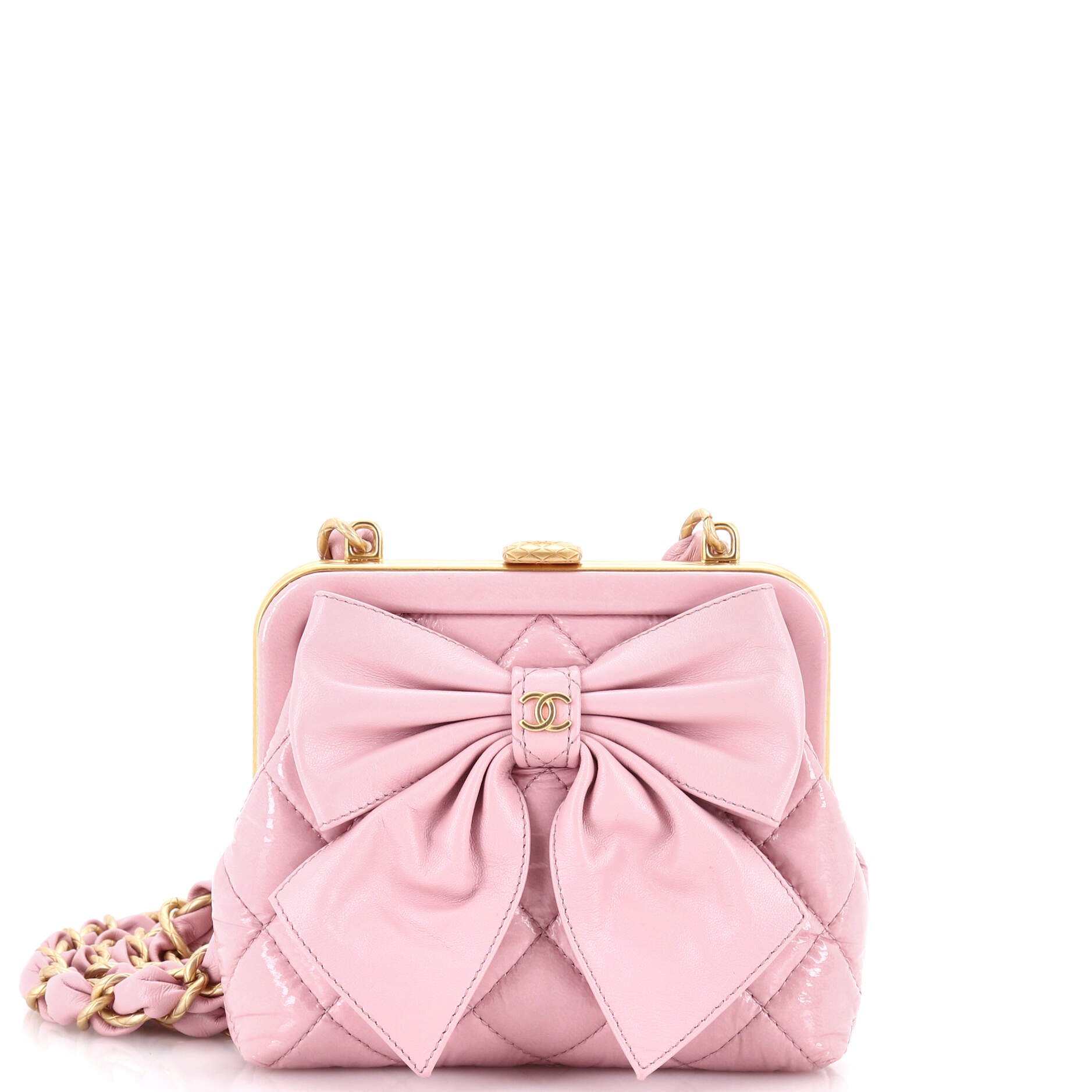 Bow Frame Clutch With Chain Quilted Patent with Lambskin Mini