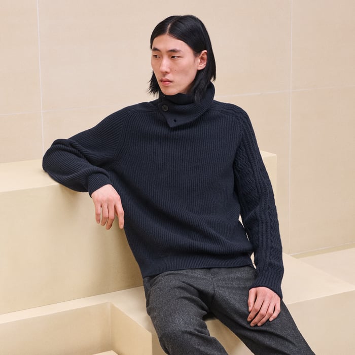 Marine Cashmere "Fisherman Graphique" Twisted Collar Sweater