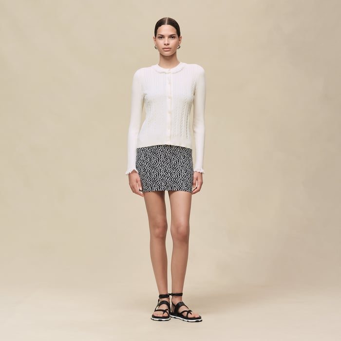 Blanc Naturel Long-sleeve Cardigan With Ruffled Details