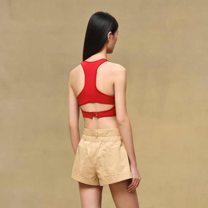 Beige Cajou Pleated Waist Cotton Shorts