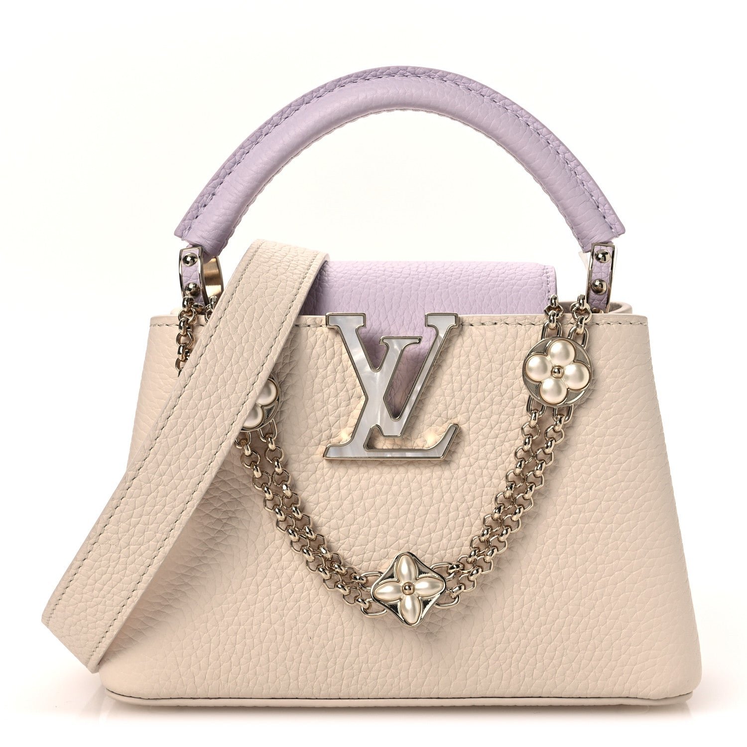 Louis Vuitton Taurillon Mother of Pearl Flower Chain Capucines Mini Quartz Misty
