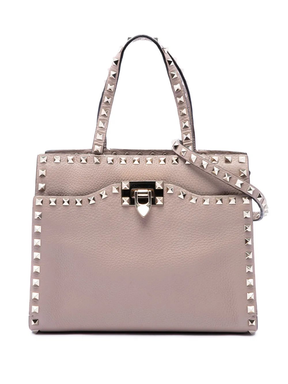 2018-2026 Grained Calfskin Rockstud Flip Lock Tote satchel