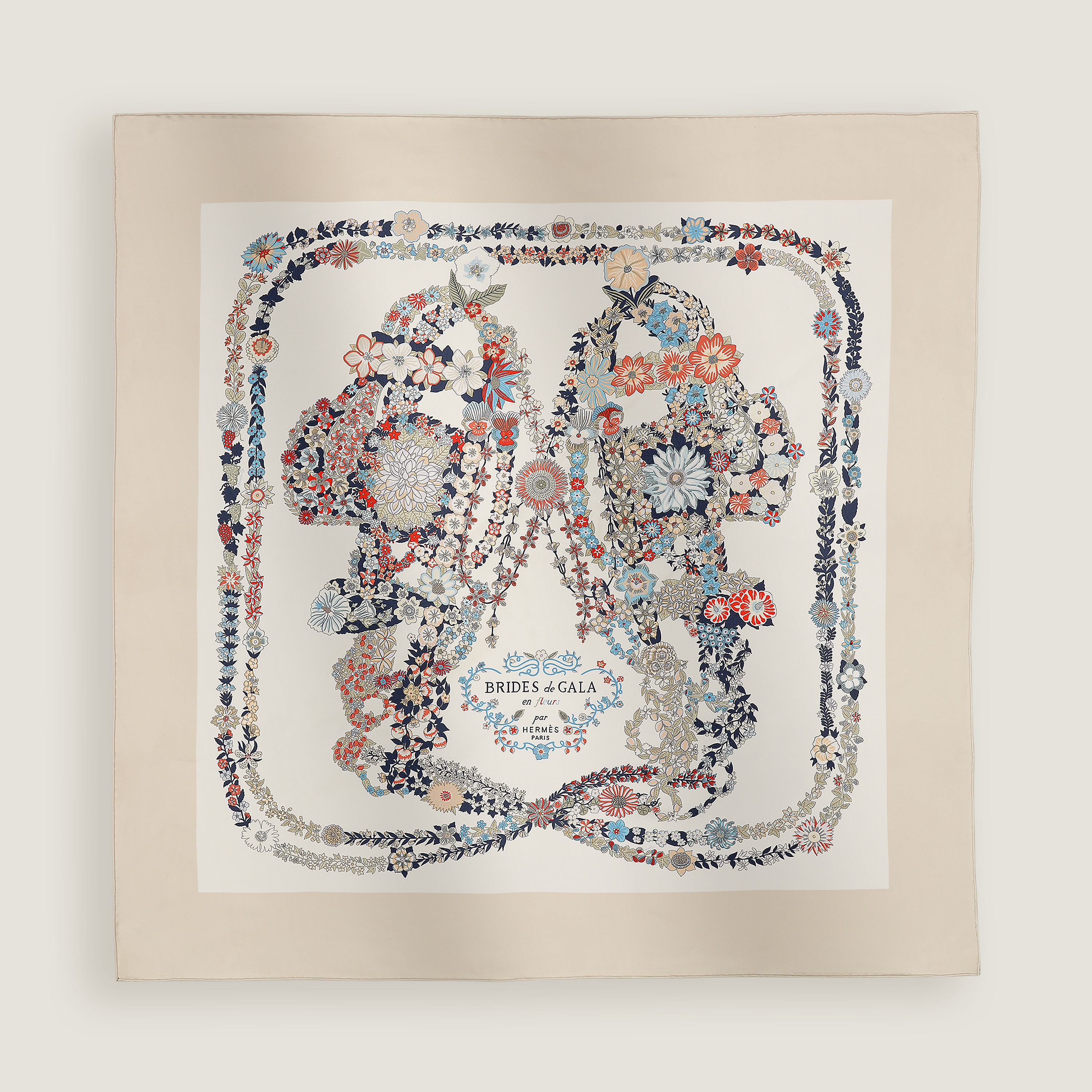 Hermès Brides de Gala en Fleurs scarf 90 Sable/Blanc/Bleu | BagUSeek