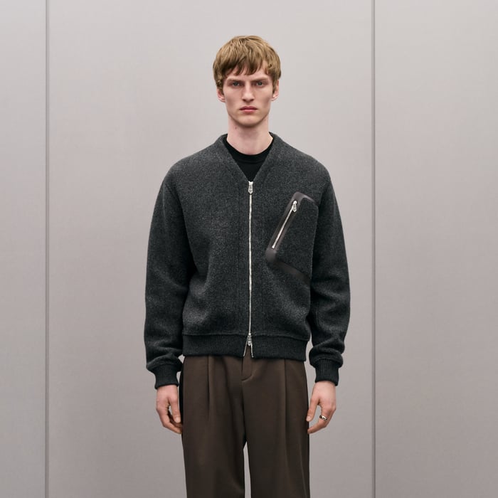 Gris Foncé Zipped Cardigan With Leather Detail