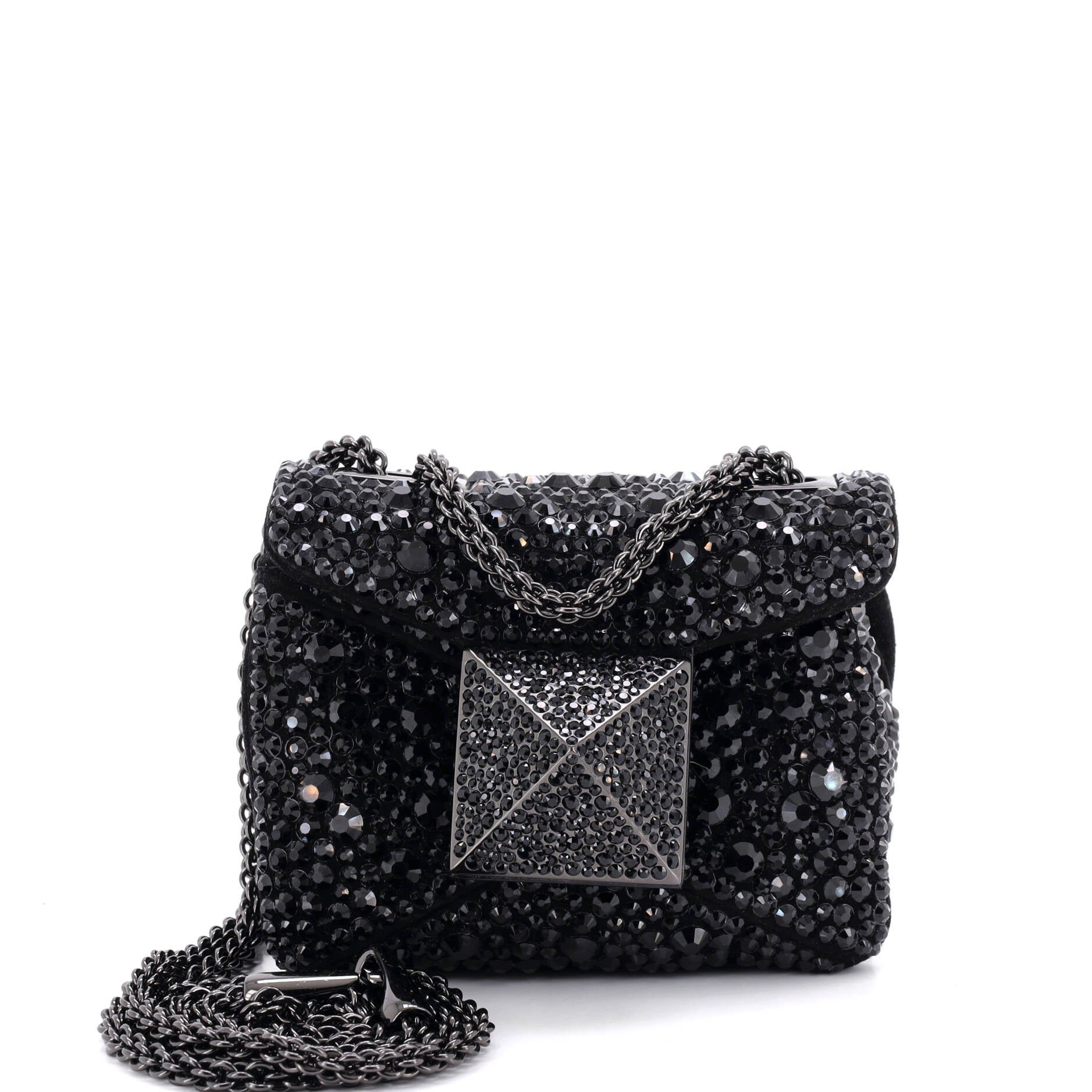 One Stud Chain Flap Bag Crystal Embellished Suede Micro