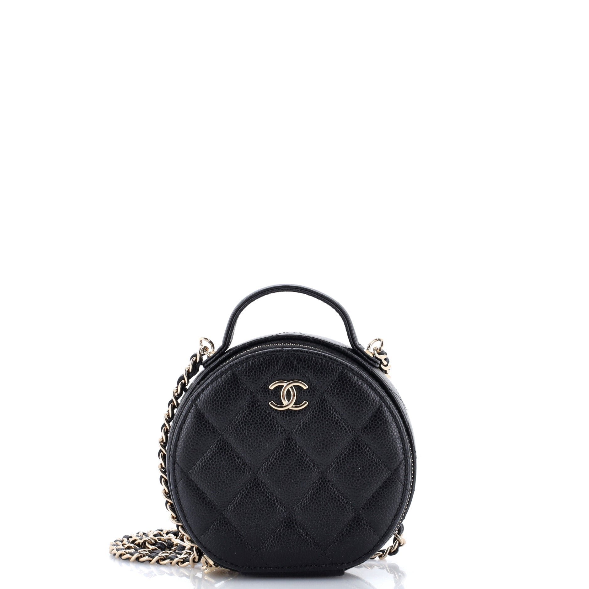 Handle with Care Round Vanity Case with Chain Quilted Caviar Small