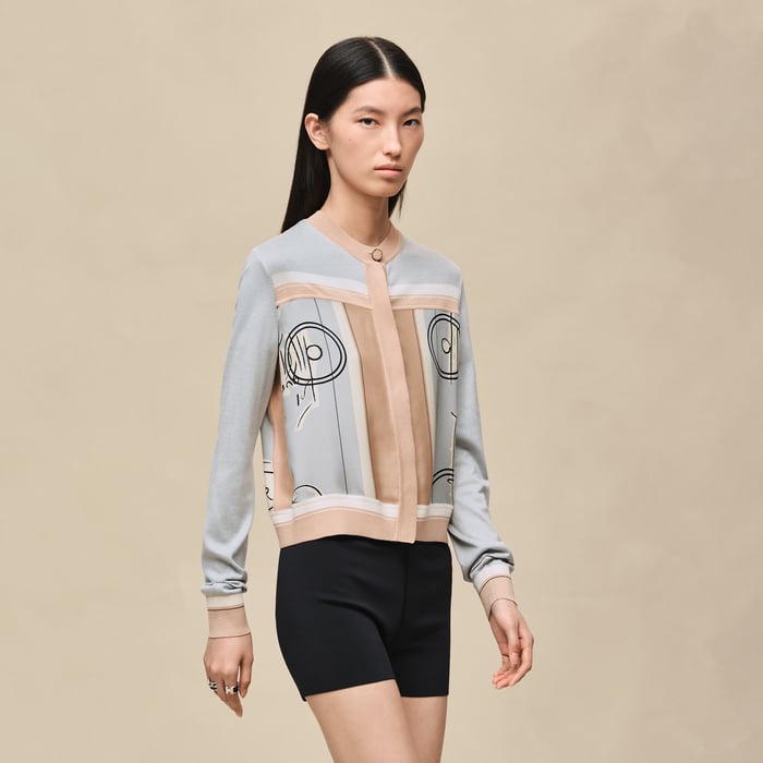 Gris Paruline "Ex-libris a Main Levee" Long-sleeve Twillaine Cardigan