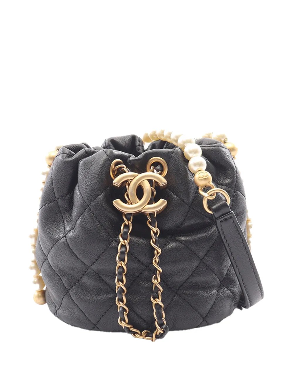 2021 Mini Quilted Calfskin About Pearls Drawstring bucket bag