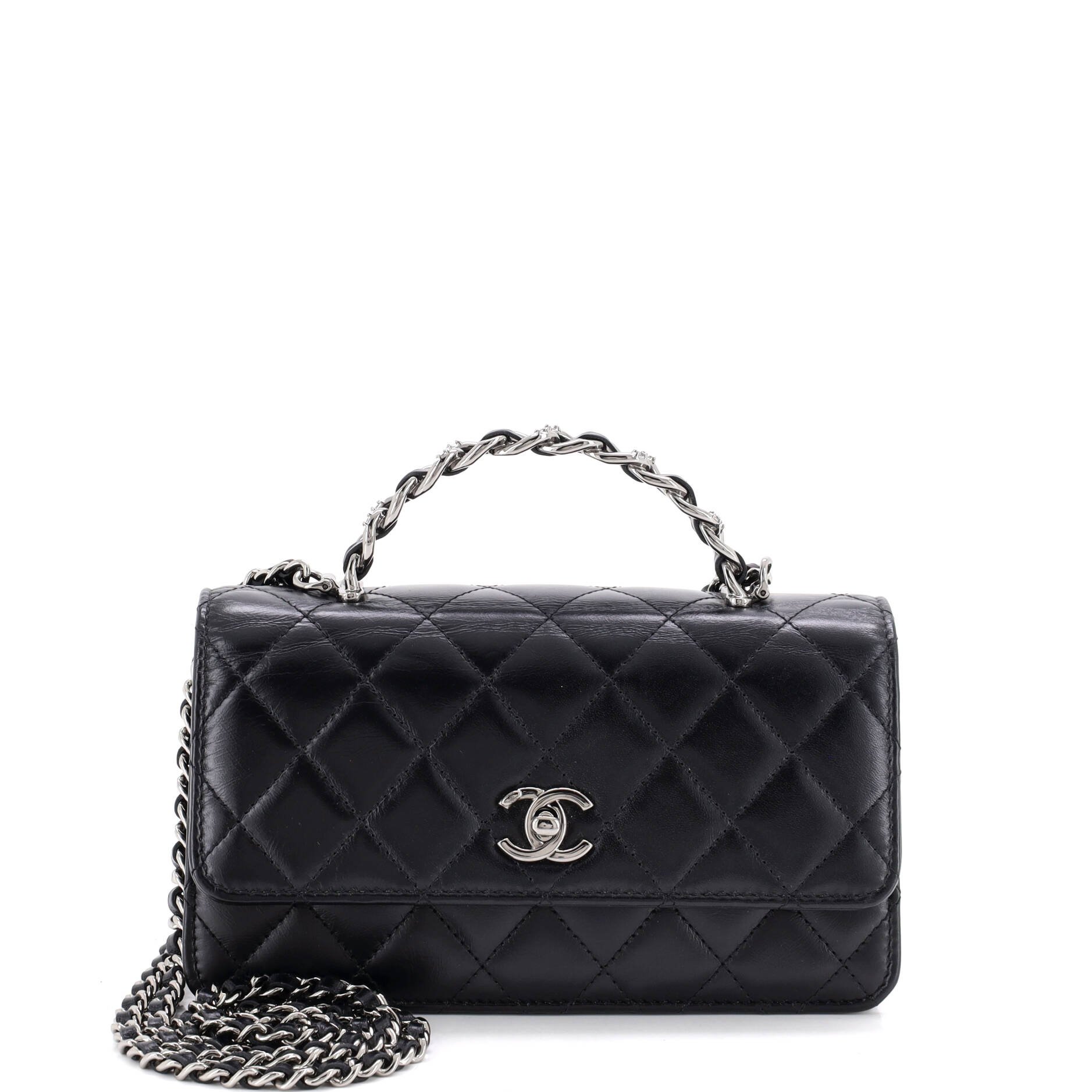 Top Handle Phone Holder with Chain Quilted Shiny Calfskin with Crystals