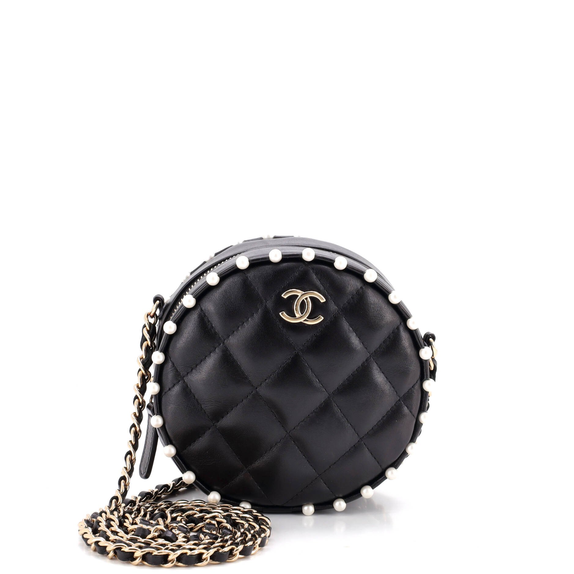Round Clutch with Chain Quilted Calfskin with Pearl Detail
