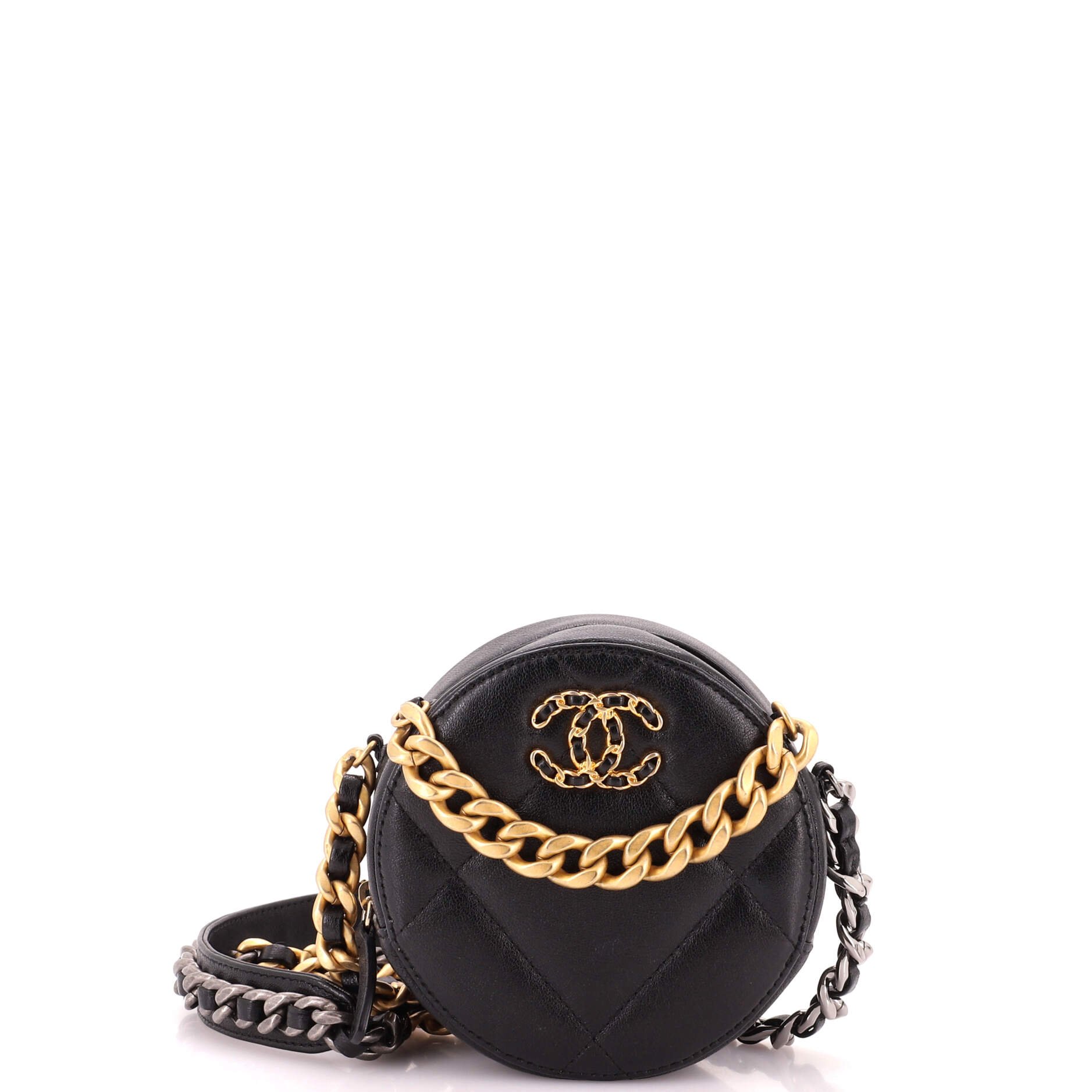 19 Round Clutch with Chain Quilted Leather