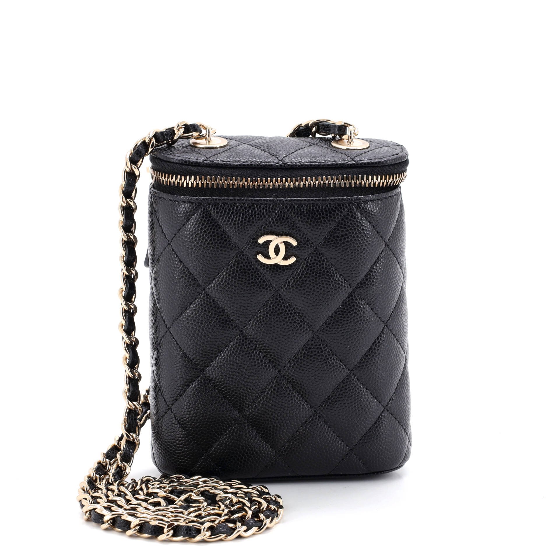 Vertical Classic Vanity Case with Chain Quilted Caviar Small