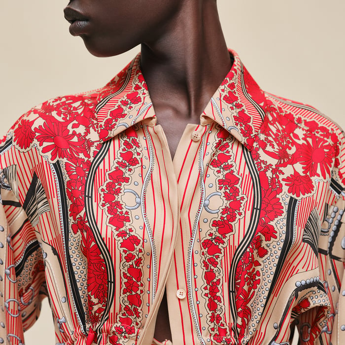 Beige Cajou "Aux Champs En Fleurs Raye" Drawstring Shirt