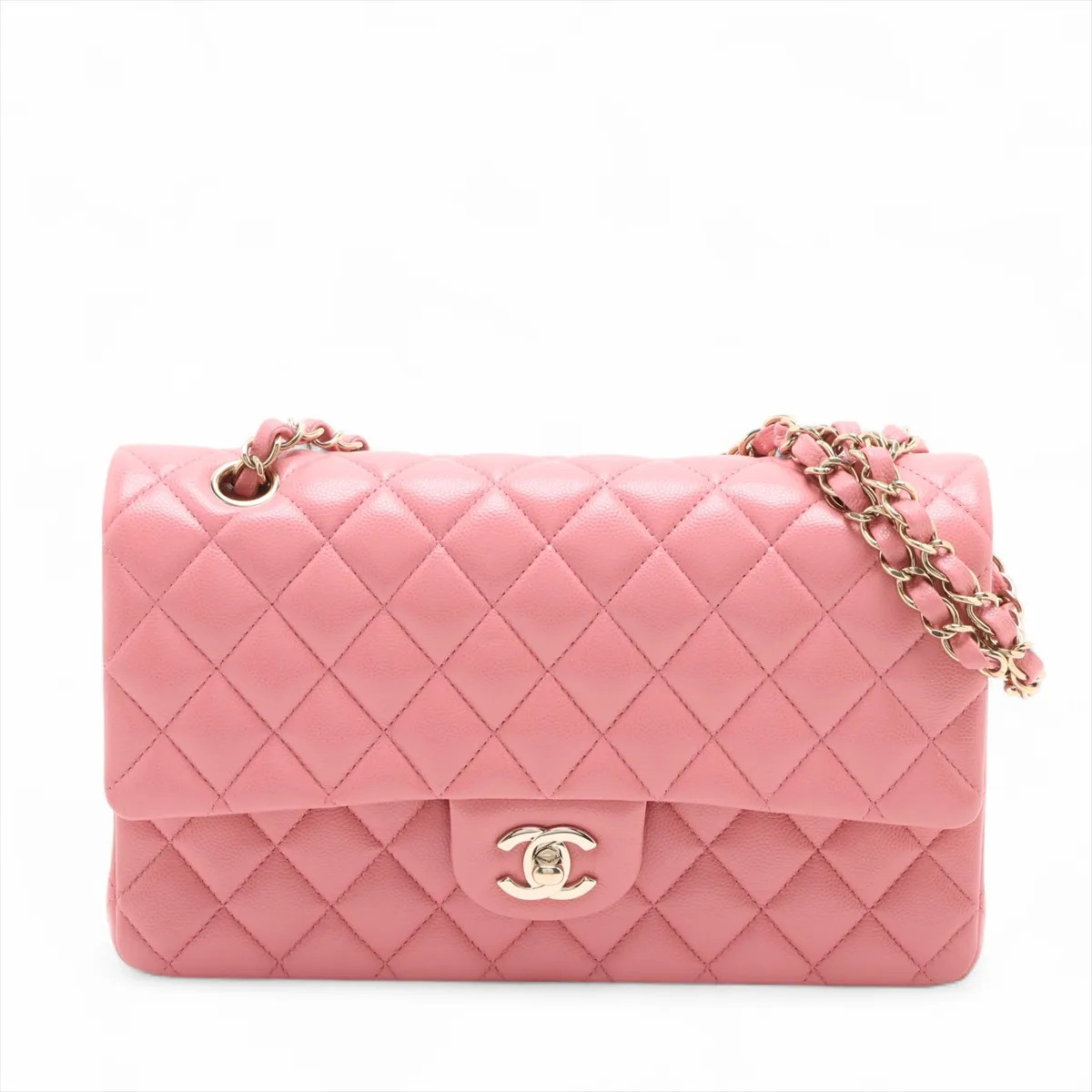 Chanel Matelasse 25 Caviar Skin Double Flap Double Chain Bag Pink Gold Metal Fit
